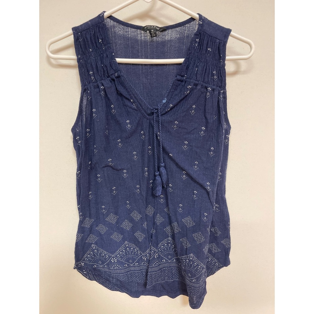Lucky Brand Blue Boho Block Print Sleeveless Tassel Peasant Top Medium